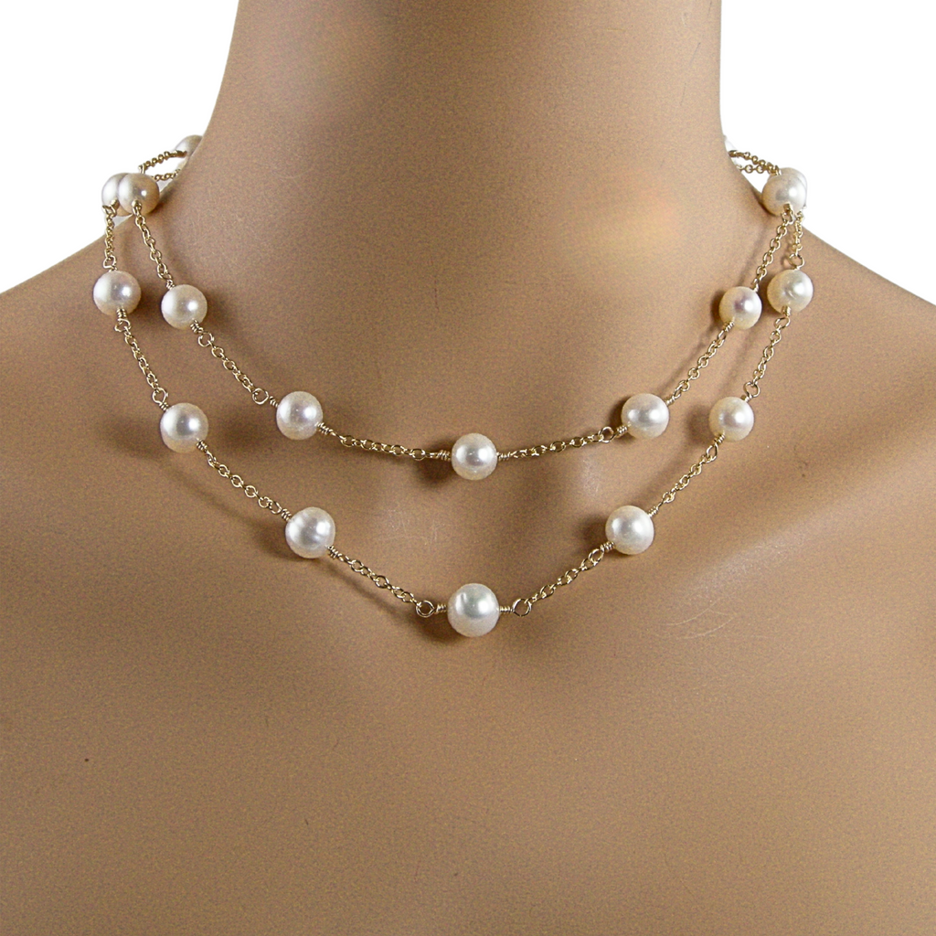 Pearl Station Necklace, Pearl Tin Cup Necklace Gold– Jewelry