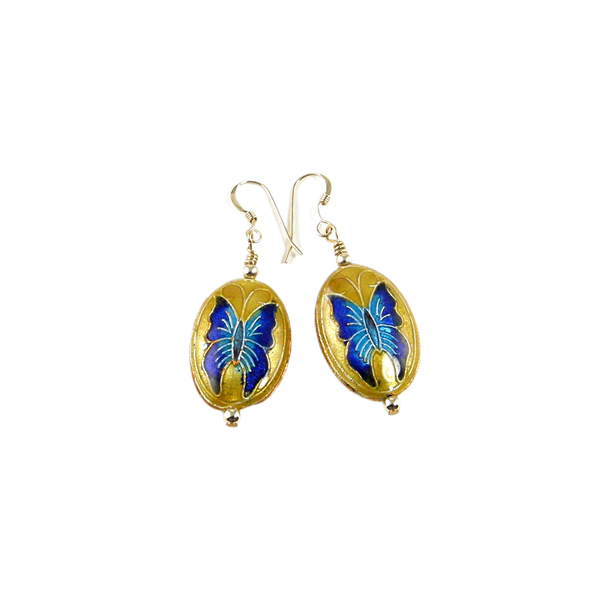 Green round floral cloisonne beads on gold toned fishhooks earrings