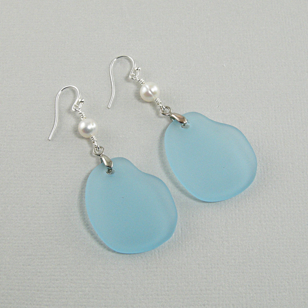 blue sea glass white pearl earrings