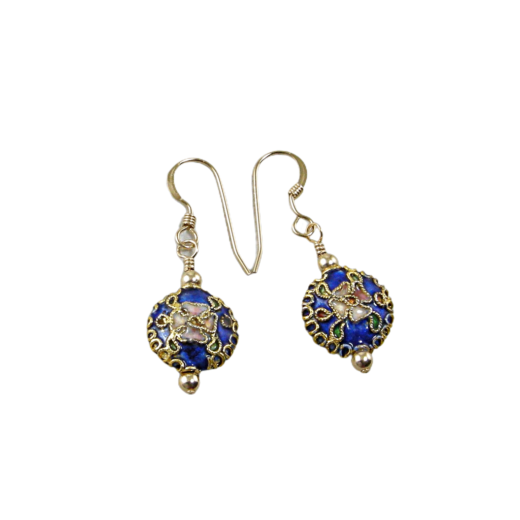 Dark Blue Cloisonné Earrings, Small Blue Earrings, image size:1024x1024