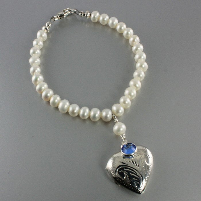 Pearl Silver Heart Photo Locket Bracelet, Pearl Birthstone