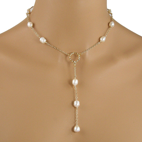 Pink Freshwater Cultured Pearl Tin Cup Stationed Necklace in 14k Rose Gold  (5.5mm)